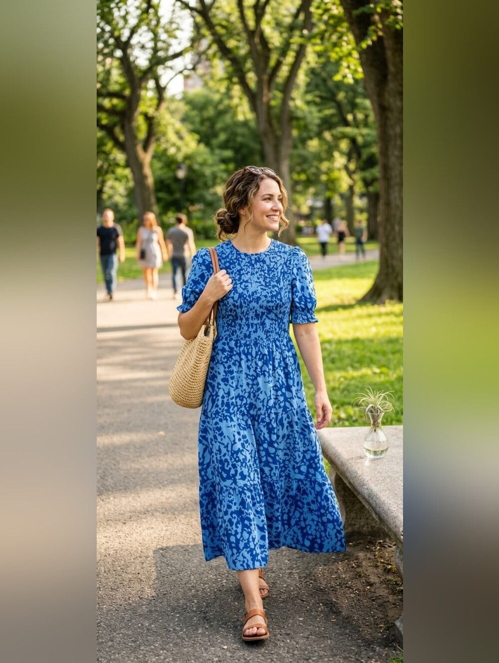 BTFBM--Blue Printed Smocked Midi Dress - Unbranded